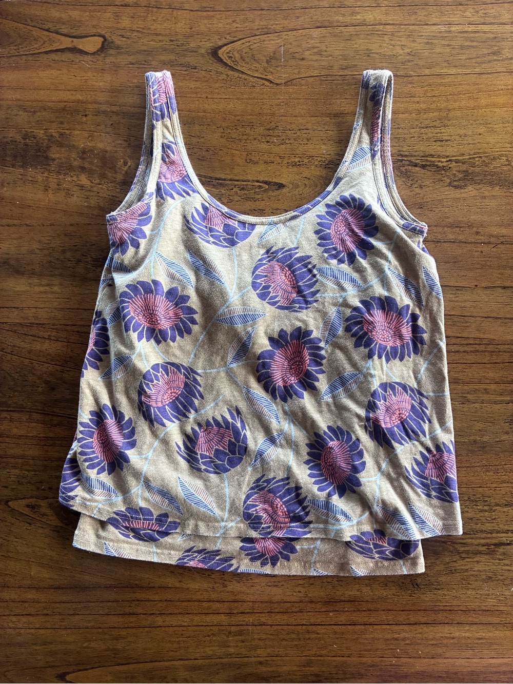 Pact Floral Scoop Tank Top in Beige with Purple & Pink Blooms cotton